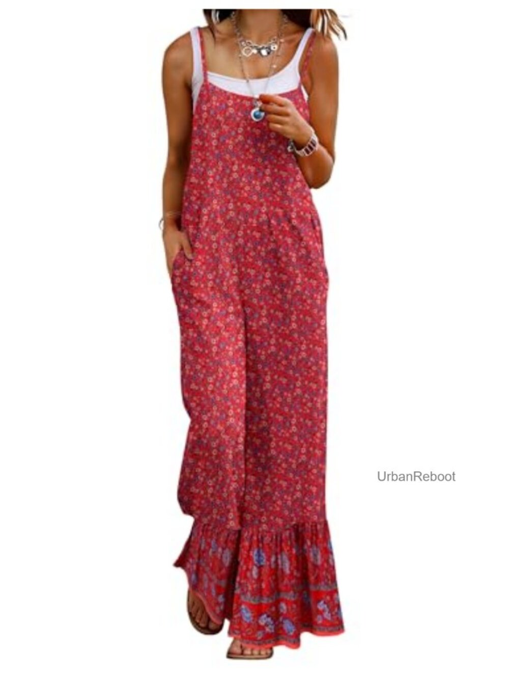 Boho Floral Print Wide Leg Bib Overalls Jumpsuit Romper with Pockets